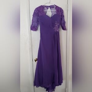 Vnaix Tea-Length with Train 3/4 Sleeve Lace & Chiffon Formal in Purple Size 12